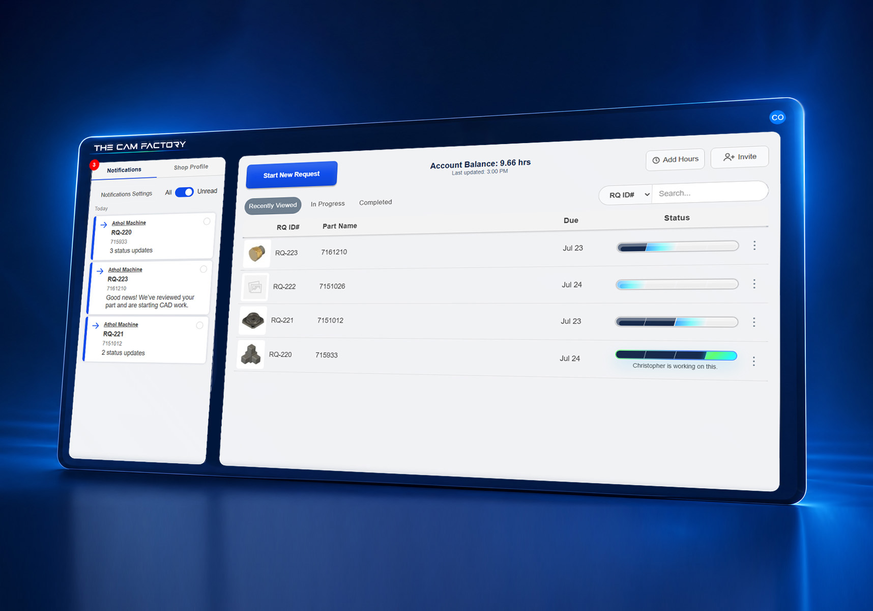 The CAM Factory dashboard preview
